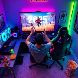 A futuristic gaming battlefield with neon lights, advanced weapons, and players strategizing in an immersive virtual world.