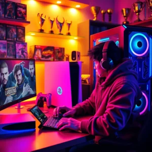 Pemain berperisai canggih bertarung di landskap bandar futuristik yang bercahaya dengan langit neon.